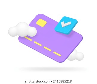 Banking account success e money storage on credit debit card done checkmark 3d icon realistic vector illustration. Financial security shopping payment protection budget commercial digital technology