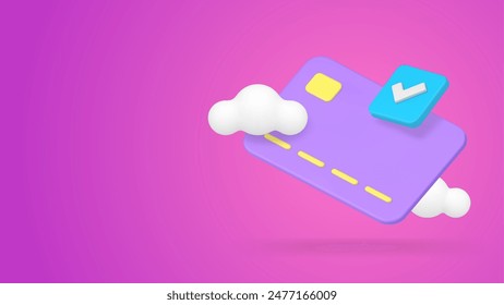 Banking account success e money storage on credit debit card done checkmark 3d vector banner billboard template. Financial security shopping payment protection budget commercial digital technology