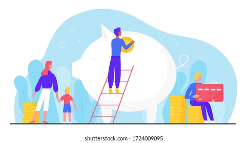 Banking account vector illustration. Cartoon flat tiny family people invest coin in big piggy money bank account to save and grow capital. Accounting investment, fund growth concept isolated on white