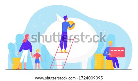 Banking account vector illustration. Cartoon flat tiny family people invest coin in big piggy money bank account to save and grow capital. Accounting investment, fund growth concept isolated on white