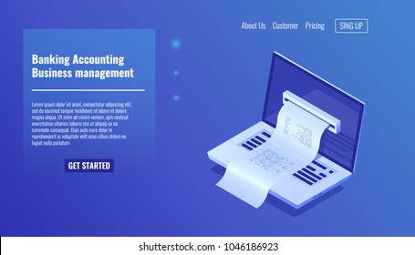 Banking accounting, business and financial managements concept, electronic bill payment notification, open laptop isometric icon, vector illustration