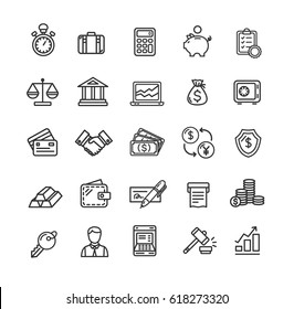 Banking And Accounting Icon Black Thin Line Set For Commerce And Business. Vector Illustration