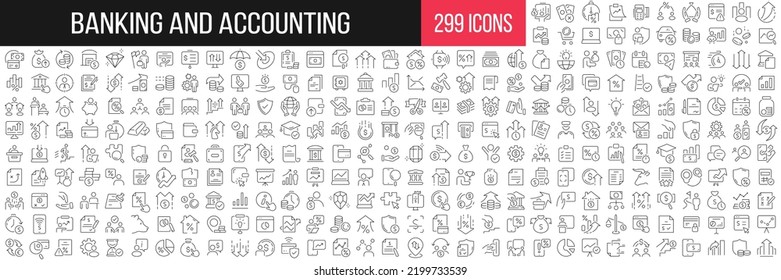 Banking and accounting linear icons collection. Big set of 299 thin line icons in black. Vector illustration