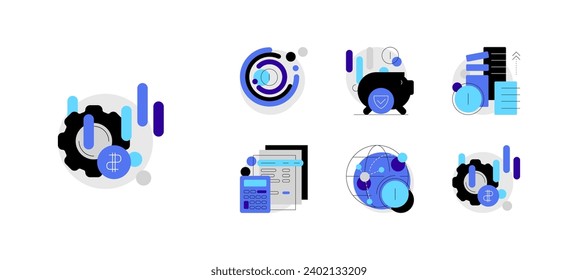 Banking, accounting, payments, money processing and savings. Set of modern flat and line art icons. Infographic elements. Vector file.