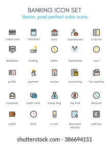 Banking and accounting theme line icon set. Pixel perfect fully editable vector icon set suitable for websites, info graphics and print media. 