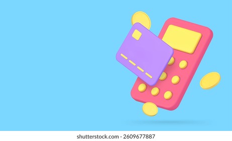 Banking accounting user bill balance budget calculation control banner copy space vector illustration. Financial statistic economy analyzing expenses earnings checking credit debit card calculator