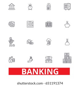 Banking, ank building, finance, money, banker, piggy bank, business, credit card line icons. Editable strokes. Flat design vector illustration symbol concept. Linear signs isolated on white background