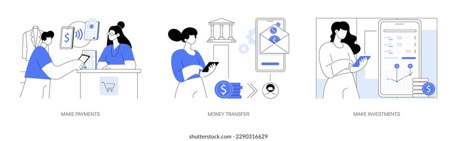 Banking app abstract concept vector illustration set. Make payments, money transfer, make investments, make banking operations with smartphone and online app, budget growth abstract metaphor.