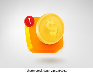 Banking app button with gold coin. 3d vector mobile application icon