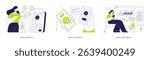 Banking app isolated cartoon vector illustrations set. Make digital payments with smartphone, money transfer banking service, peer-to-peer network, money investing and trading vector cartoon.