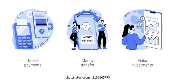 Banking app isolated cartoon vector illustrations set. Make digital payments with smartphone, money transfer banking service, peer-to-peer network, money investing and trading vector cartoon.