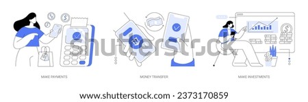 Banking app isolated cartoon vector illustrations set. Make digital payments with smartphone, money transfer banking service, peer-to-peer network, money investing and trading vector cartoon.