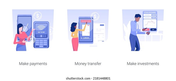Banking app isolated concept vector illustration set. Make payments, money transfer, make investments, make banking operations with smartphone and online app, budget growth vector cartoon.