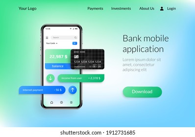 Banking App Landing Page. Mobile Payment And Financial Account, Smartphone UI Mockup For Online Bank Application. Vector Realistic Website Interface Design With Copy Space And Button For Download