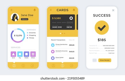 Banking app. Mobile app, bank UI. Online banking application for mobile phone, financial service, online payment concept. Finance app screen templates set. Vector concept