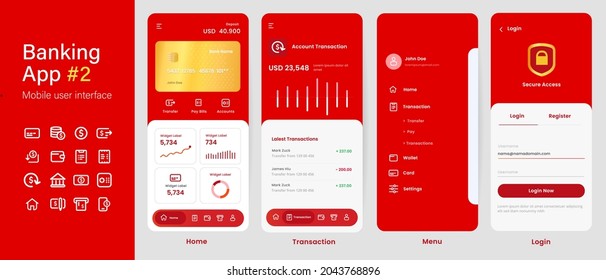 Banking App Mobile Interface User Interface Layout Screen Application Design In Red Color Gold Card