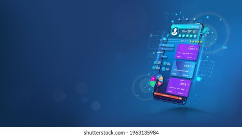 Banking App in perspective 3D smartphone. Your online bank account, currency management and payment. Transfer pay, online payment security transaction via credit card. Vector illustration app