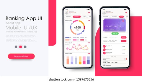 Banking App UI Kit for responsive mobile app and statistics card. Online Payment or Credit cards app ui kit for responsive mobile app. Uploading, saving, checking accounts and transaction confirmation