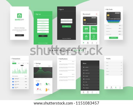 Banking App UI Kit for responsive mobile app or website with different GUI layout including Login, Create Account, Profile, Transaction and Notification screens.