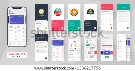 Banking app ui kit for responsive mobile app or website with different layout including login, create account, user profile, transaction and notification screens.