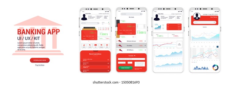 Banking App UI, UX, Kit mockups screens for mobile banking or website with different GUI. Red modern interface in four thoughtful screens. (Card management, Money transfers, Payment and statistic)

