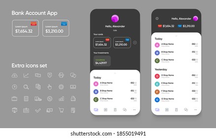 Banking App User Interface (UI) For Smartphones With Extra Set Of Icons. Finance Investment Tools. Vector.