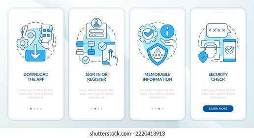 Banking application installation blue onboarding mobile app screen. Walkthrough 4 steps editable graphic instructions with linear concepts. UI, UX, GUI template. Myriad Pro-Bold, Regular fonts used