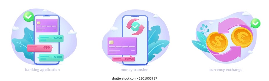 Aplicación bancaria, transferencia de dinero, recogida en el escenario de cambio de divisas. Concepto de conjunto de iconos tridimensionales para la página de inicio. 3d ilustración vectorial para sitio web, impresión, banner.