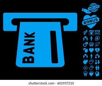 Banking ATM icon with bonus dating symbols. Vector illustration style is flat iconic symbols on white background.