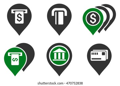 Banking ATM Pointers vector icons. Pictogram style is bicolor green and gray flat icons with rounded angles on a white background.