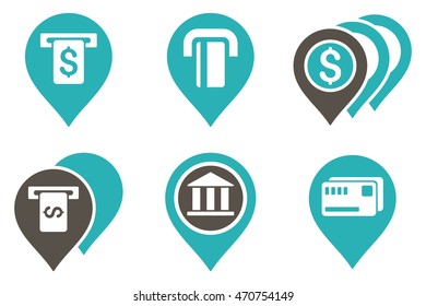 Banking ATM Pointers vector icons. Pictogram style is bicolor grey and cyan flat icons with rounded angles on a white background.