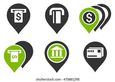 Banking ATM Pointers vector icons. Pictogram style is bicolor eco green and gray flat icons with rounded angles on a white background.