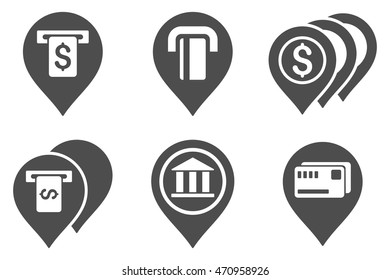 Banking ATM Pointers vector icons. Pictogram style is gray flat icons with rounded angles on a white background.