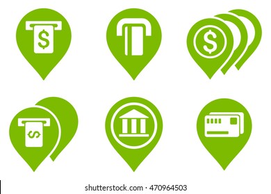 Banking ATM Pointers vector icons. Pictogram style is eco green flat icons with rounded angles on a white background.