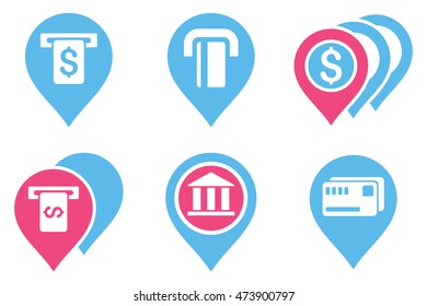 Banking ATM Pointers vector icons. Pictogram style is bicolor pink and blue flat icons with rounded angles on a white background.