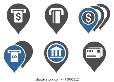 Banking ATM Pointers vector icons. Pictogram style is bicolor cobalt and gray flat icons with rounded angles on a white background.