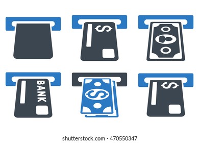 Banking ATM vector icons. Icon style is bicolor smooth blue flat symbols with rounded angles on a white background.