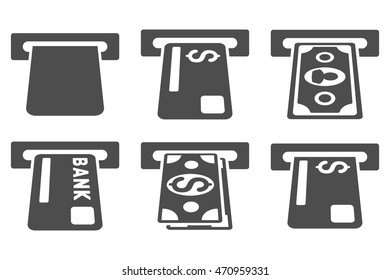 Banking ATM vector icons. Pictogram style is gray flat icons with rounded angles on a white background.