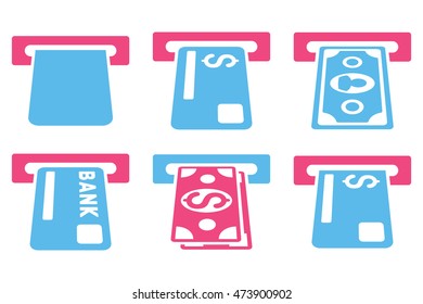 Banking ATM vector icons. Pictogram style is bicolor pink and blue flat icons with rounded angles on a white background.
