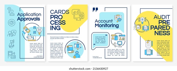 Banking automation functions blue and yellow brochure template. Leaflet design with linear icons. 4 vector layouts for presentation, annual reports. Questrial, Lato-Regular fonts used