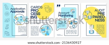 Banking automation functions blue and yellow brochure template. Leaflet design with linear icons. 4 vector layouts for presentation, annual reports. Questrial, Lato-Regular fonts used