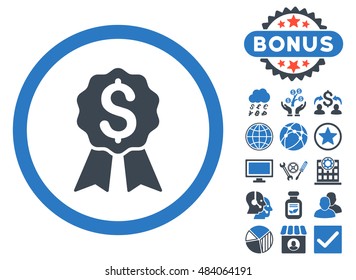 Banking Award icon with bonus pictogram. Vector illustration style is flat iconic bicolor symbols, smooth blue colors, white background.