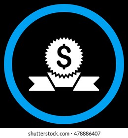 Banking Award vector bicolor rounded icon. Image style is a flat icon symbol inside a circle, blue and white colors, black background.