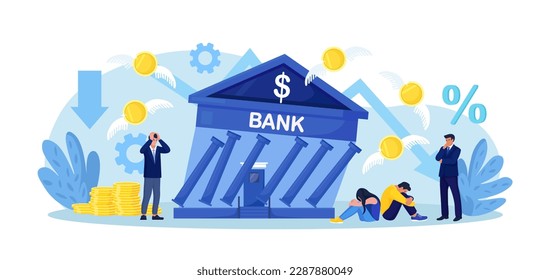 Banking bankruptcy. Stock market crash. Credit risk or investment failure. Frustrated business people look at collapsing bank building. Financial crisis. Economic downturn. Global money loss problem