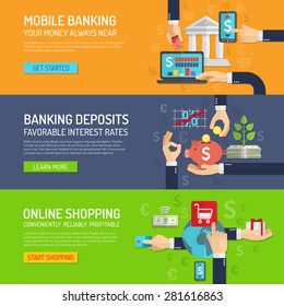 Banking banner horizontal set with mobile deposit and online shopping elements isolated vector illustration