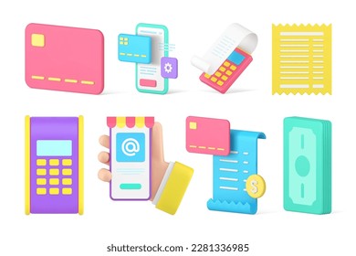 Banking bill cashless cash payment financial e money transaction smartphone application set 3d icon realistic vector illustration. Accounting commercial paying currency POS terminal credit debit card