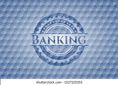 Banking blue emblem with geometric pattern background. Vector Illustration. Detailed.