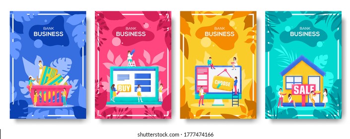 banking business brochures, magazines, poster, book cover, banners. Layout illustration modern slider page. People character with banking business concept background. Grain texture and noise effect.