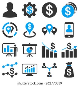 Banking business and charts icons. These symbols use modern corporate light blue and gray colors.