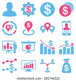 Banking business and charts icons. These flat bicolor symbols use modern corporate light blue and gray colors. Images are isolated on a white background.